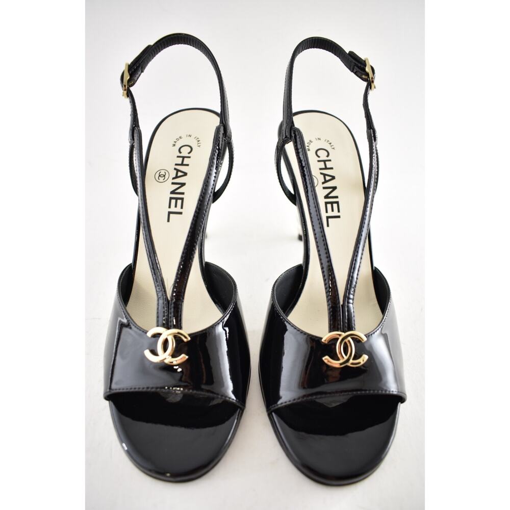 Chanel 23S Black Patent Leather CC Logo Pearl Heel Ankle Strappy Sandal Pump 37 - Picture 6 of 15